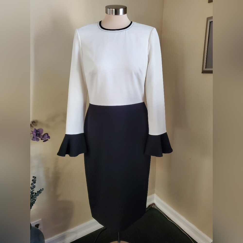 MAGGIE LONDON black and white dress with flared sleeves, size 6